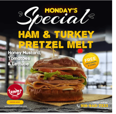TEST - Monday: Pretzel Melt (FREE Chips & Drink)